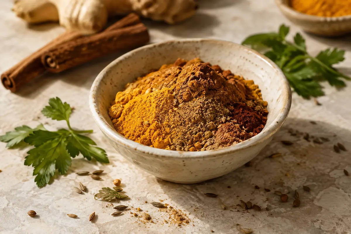Mélange d’épices pour tajine aux tons chauds présenté dans une coupelle en céramique sur pierre claire.