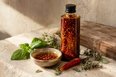 Bidon compact d’huile pimentée avec basilic, thym, origan et piment sur une pierre claire.