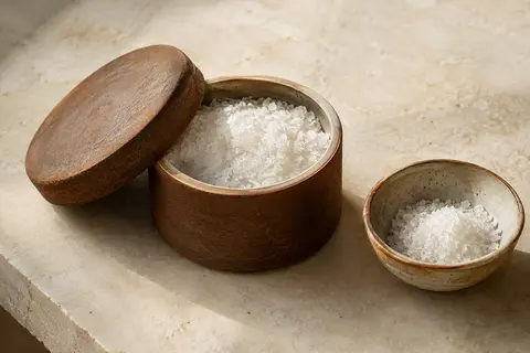 Boîte ronde ouverte de fleur de sel de Camargue posée sur une pierre claire, avec ses cristaux fins visibles.