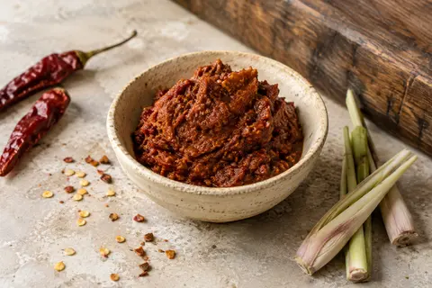 Pâte de curry rouge-brun dans une coupelle en céramique, accompagnée de piments et de citronnelle.