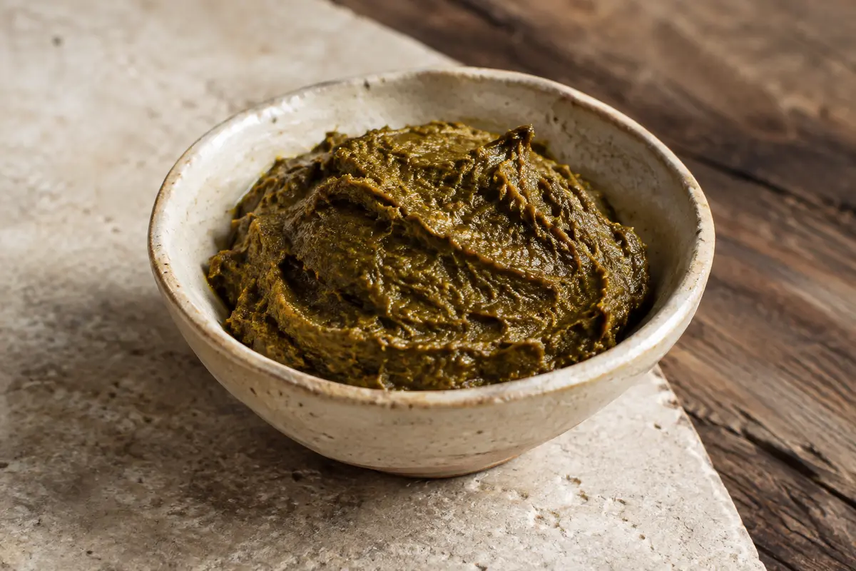Pâte de curry épaisse vert brun dans une coupelle en céramique posée sur une pierre claire