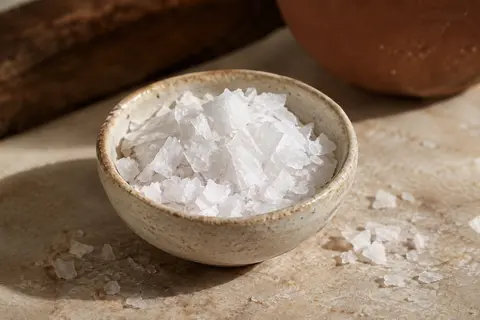 Flocons blancs de sel marin Maldon dans une coupelle en céramique posée sur une pierre claire.