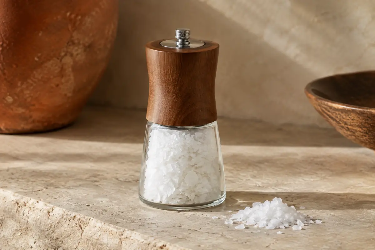 Moulin de table rechargeable Maldon contenant des flocons de sel de mer, posé sur une pierre claire.