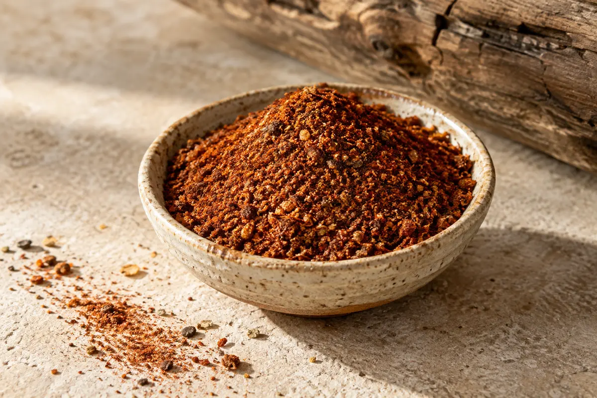Mélange d’épices barbecue rouge brun présenté dans une coupelle en céramique sur pierre claire.
