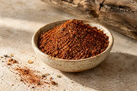 Mélange d’épices barbecue rouge brun présenté dans une coupelle en céramique sur pierre claire.