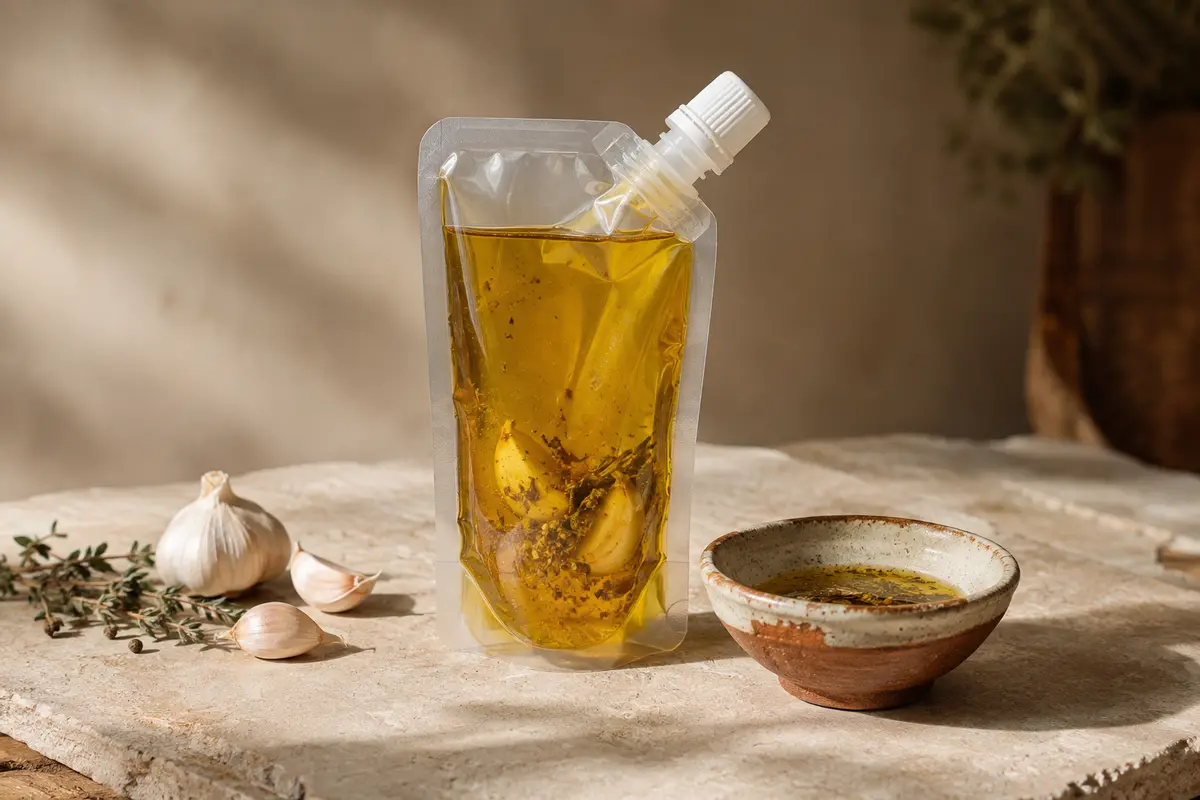 Flacon souple d’huile aromatisée à l’ail avec bouchon doseur posé sur une pierre claire.