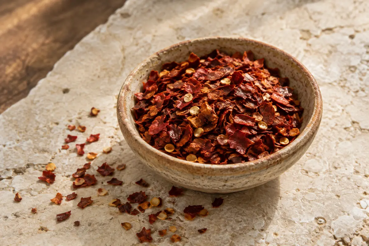Flocons de piment séchés dans une coupelle de céramique sur une pierre claire