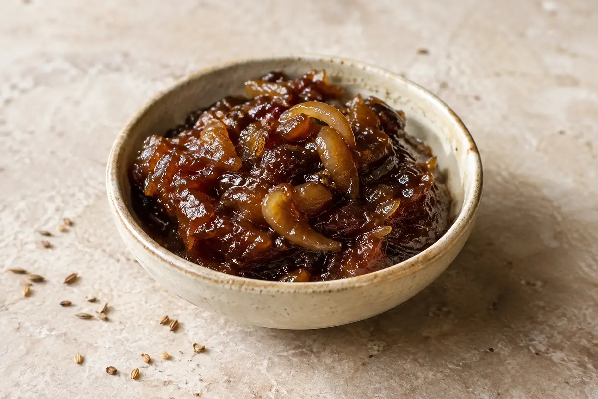 Chutney caramélisé à l’oignon et à l’ail présenté dans une coupelle en céramique sur pierre claire.