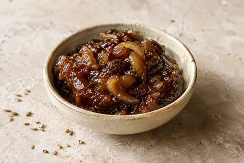 Chutney caramélisé à l’oignon et à l’ail présenté dans une coupelle en céramique sur pierre claire.