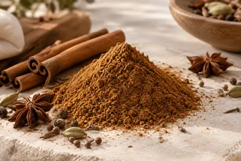 Mélange d’épices brun pour pain d’épices présenté en poudre sur une pierre claire, entouré d’épices brutes.