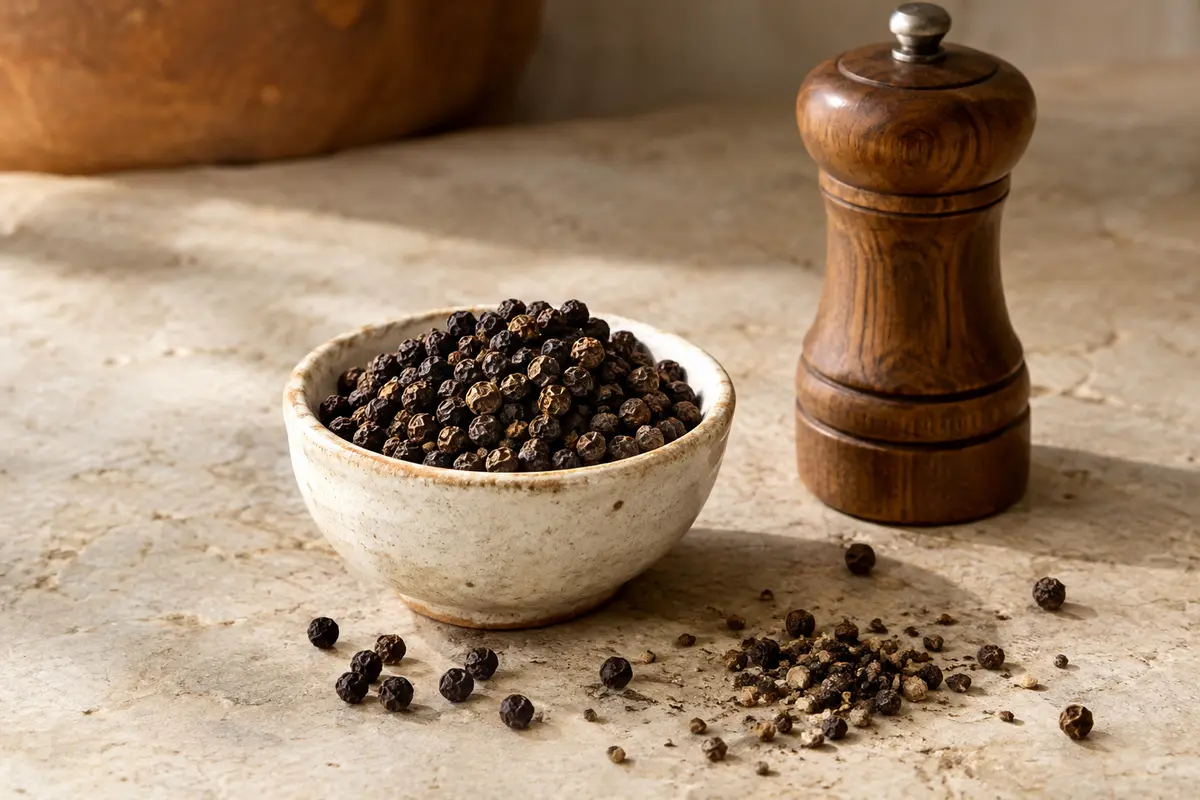 Grains de poivre noir de Madagascar dans une coupelle en céramique, près d’un moulin sobre