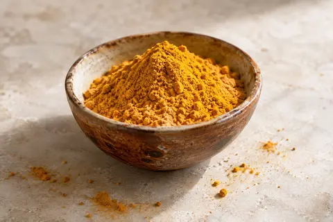 Poudre de curcuma jaune orangé dans une coupelle artisanale posée sur une pierre claire