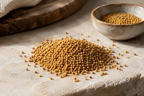 Graines de moutarde jaune entières dorées disposées sur une pierre claire près d’une coupelle en céramique