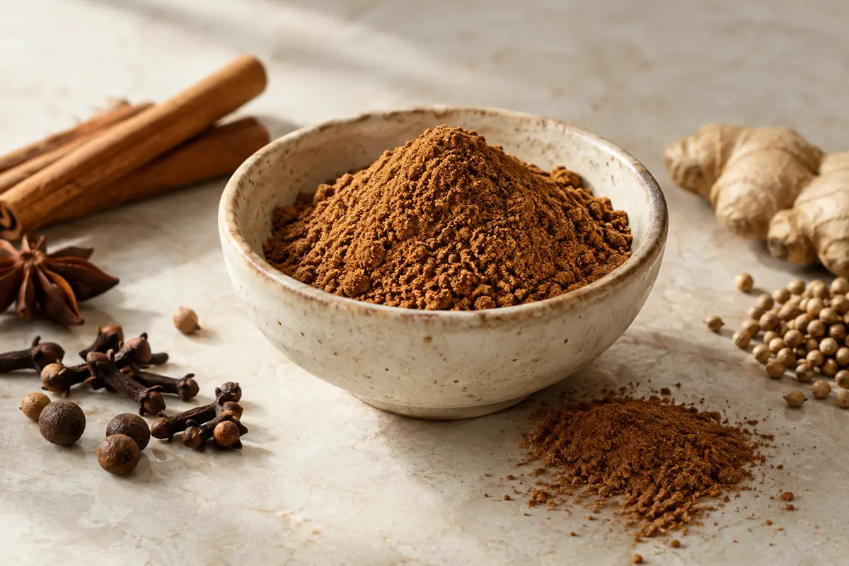 Poudre de mélange pour pain d’épices dans une coupelle en céramique sur une pierre claire