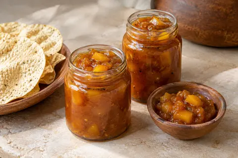 Deux pots de chutney de mangue accompagnés d’un bol de chutney et de papadums sur une pierre claire.