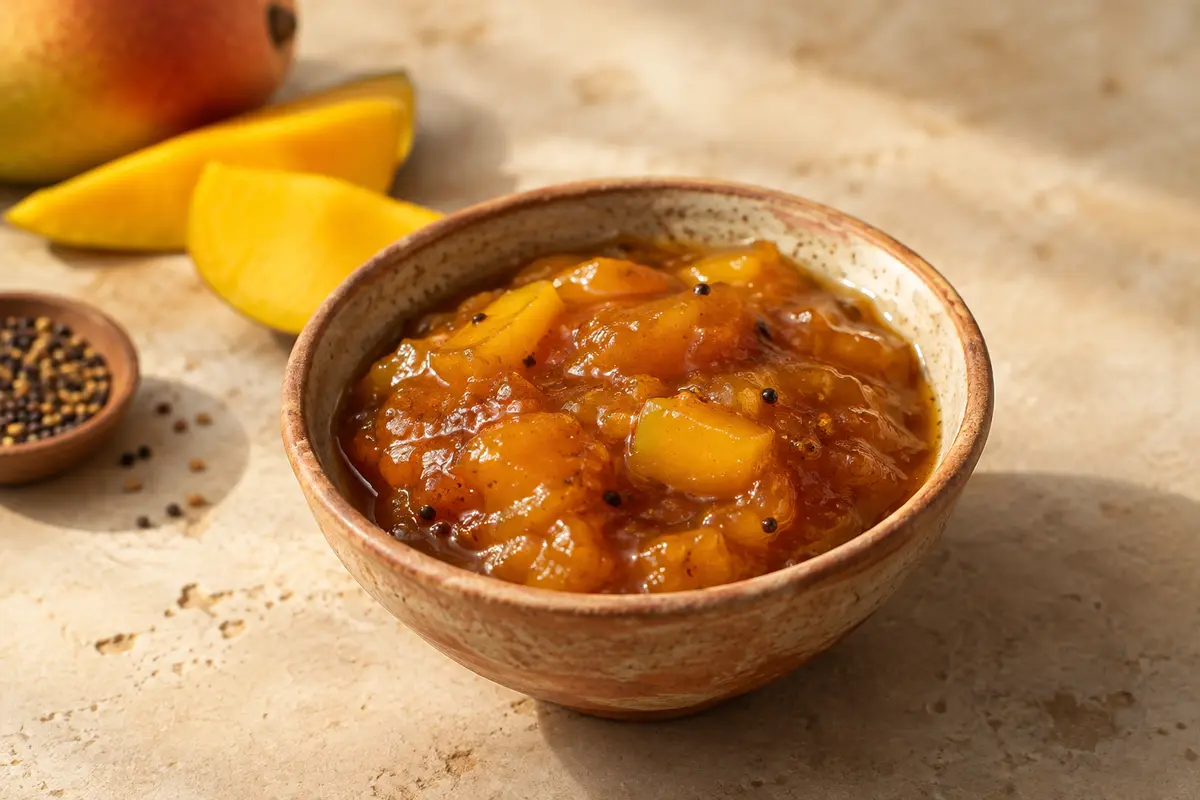 Chutney doux à la mangue présenté dans un bol en céramique sur une pierre claire