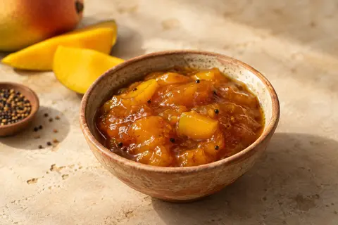 Chutney doux à la mangue présenté dans un bol en céramique sur une pierre claire