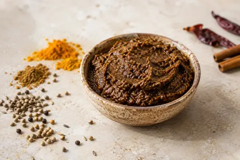 Pâte de curry Madras brune dans une coupelle en céramique sur une pierre claire