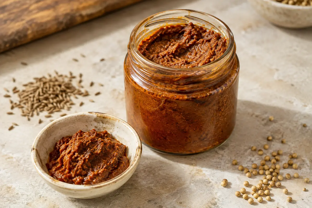 Pâte de curry Tikka Masala brun rouge dans un pot en verre ouvert, près d’une coupelle en céramique.