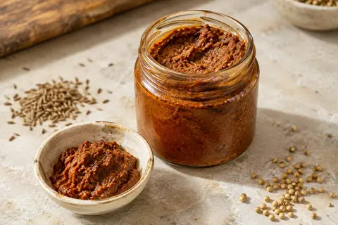 Pâte de curry Tikka Masala brun rouge dans un pot en verre ouvert, près d’une coupelle en céramique.