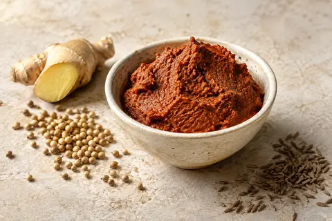 Pâte tandoori brun rougeâtre dans une coupelle en céramique, accompagnée de gingembre et d’épices