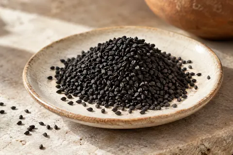 Graines de nigelle entières et noires disposées sur une céramique artisanale claire.