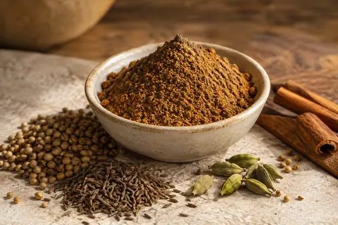 Garam masala en poudre dans une coupelle artisanale, accompagné de quelques épices entières sur pierre claire
