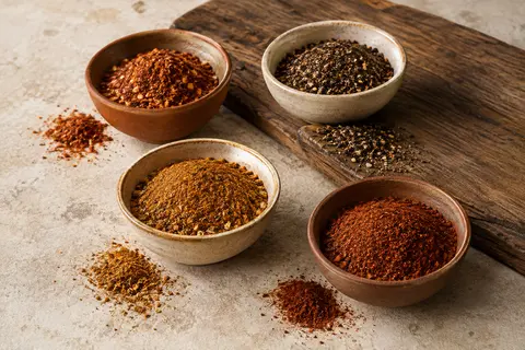 Quatre mélanges d’épices pour barbecue disposés dans des coupelles en céramique sur une pierre claire.