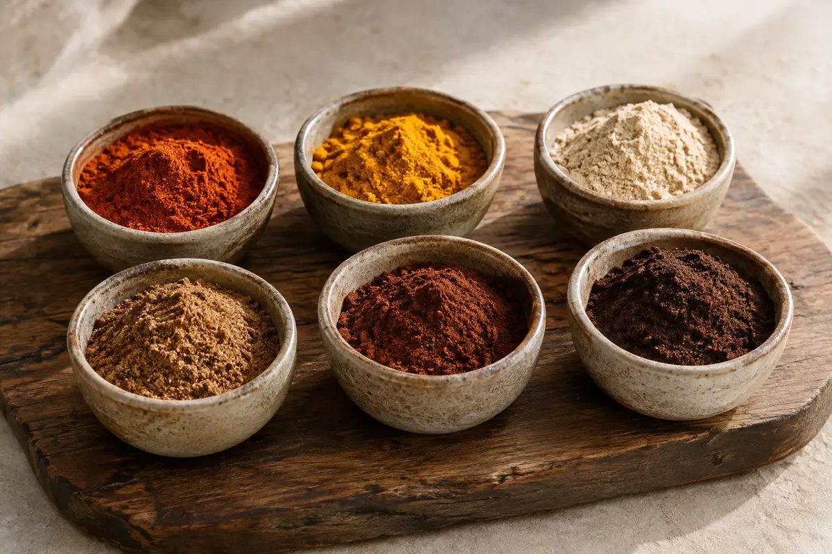 Six pots de rubs barbecue en poudre disposés sur une pierre claire et du bois patiné.