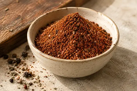 Mélange d’épices barbecue brun rouge présenté dans une petite coupelle en céramique sur pierre claire.