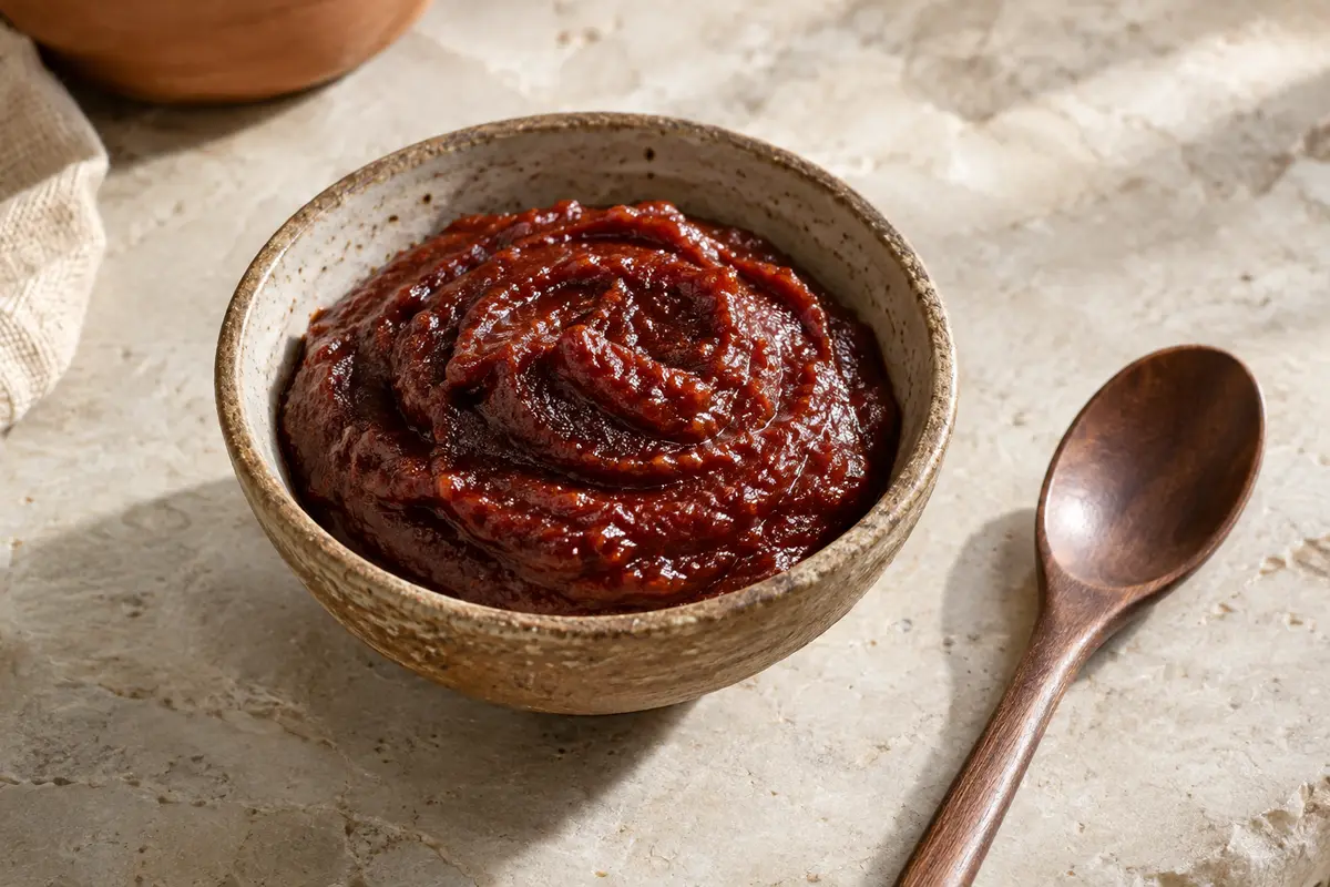 Pâte gochujang brun rouge dans une coupelle en céramique sur une pierre claire