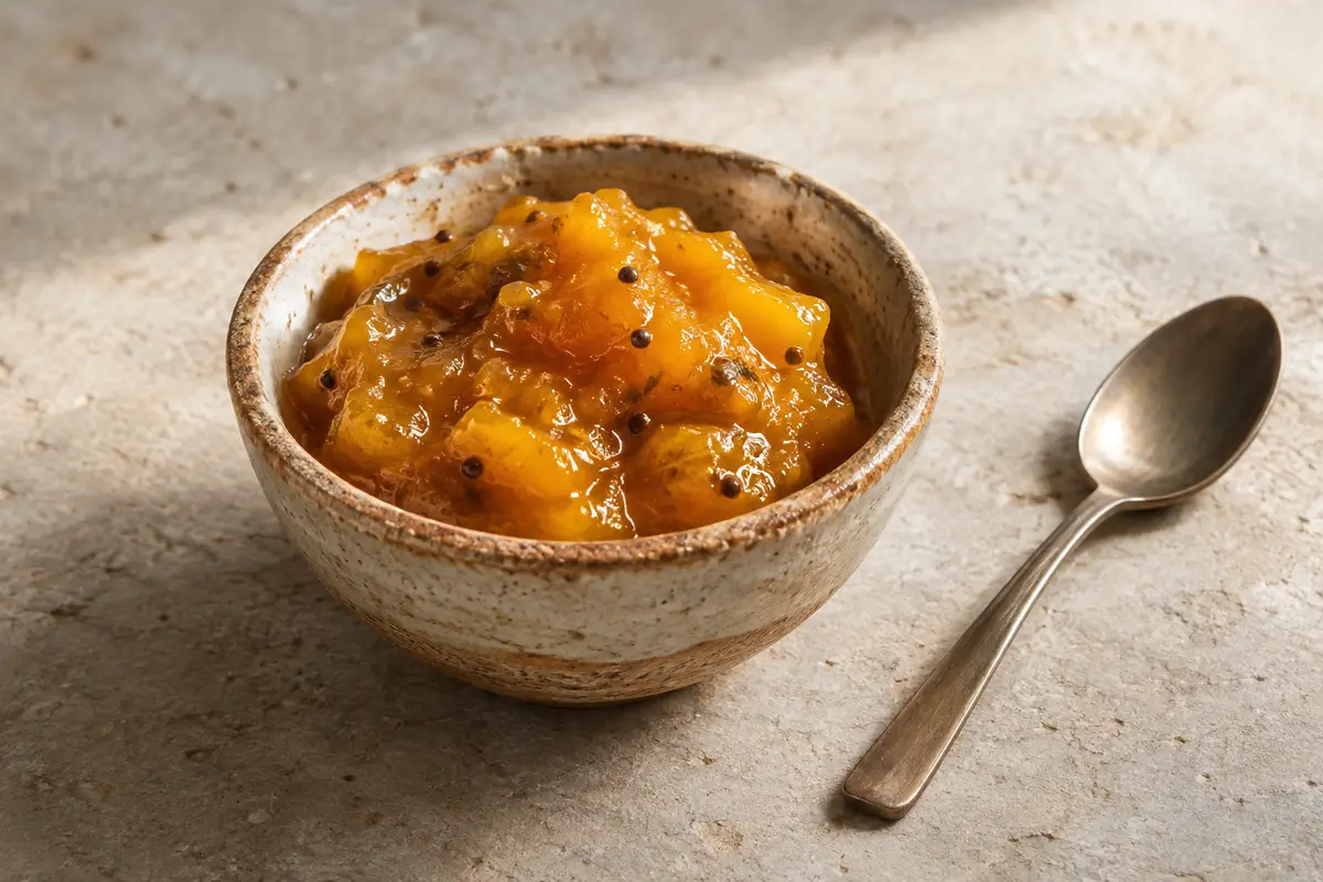Chutney de mangue servi dans une coupelle en céramique sur une pierre claire