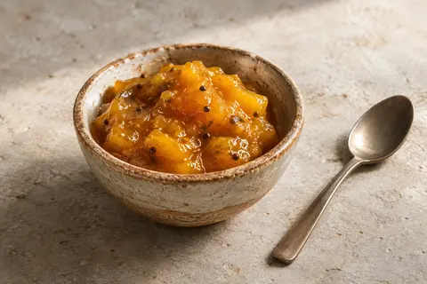 Chutney de mangue servi dans une coupelle en céramique sur une pierre claire