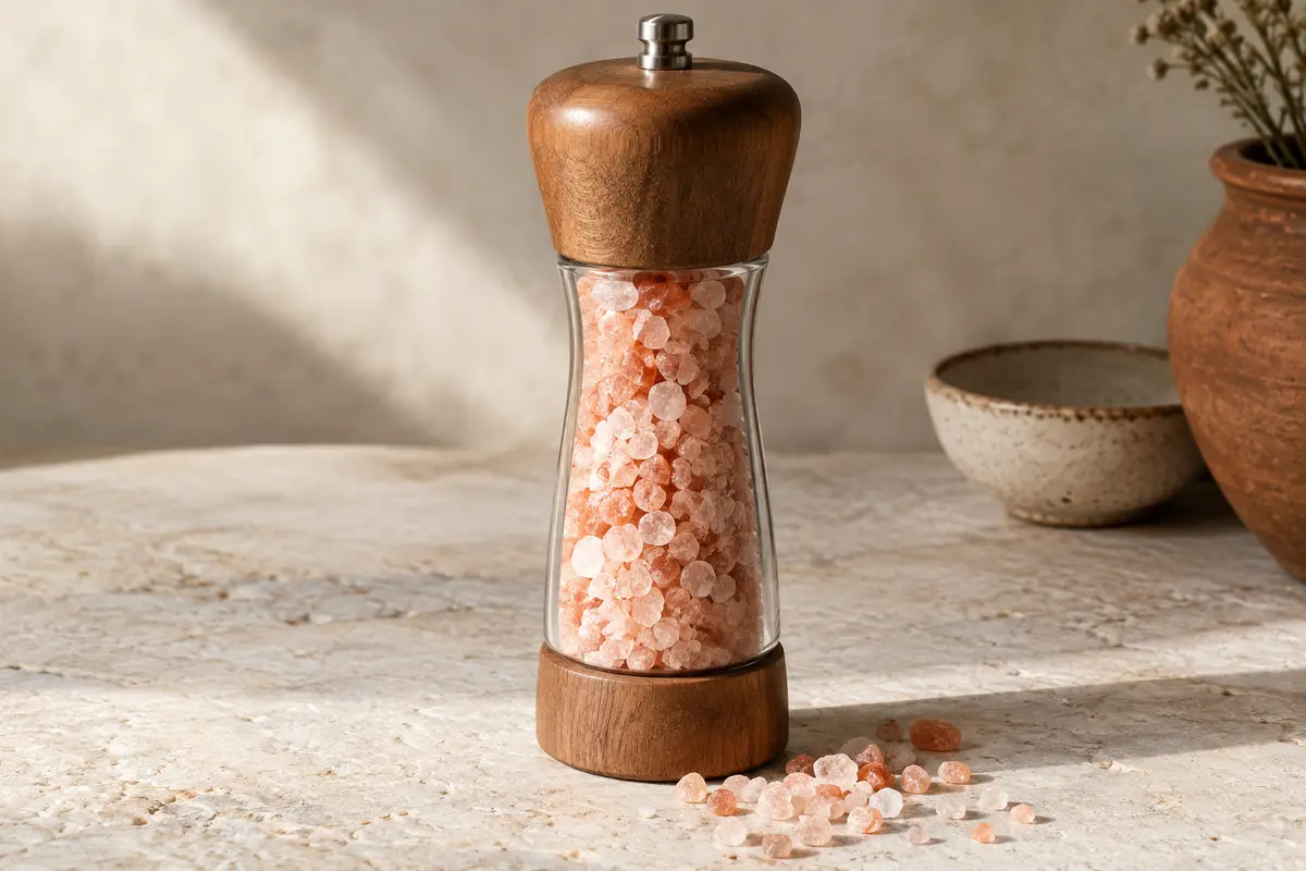 Salière grand format de sel rose de l’Himalaya posée sur une pierre claire, près de quelques grains.