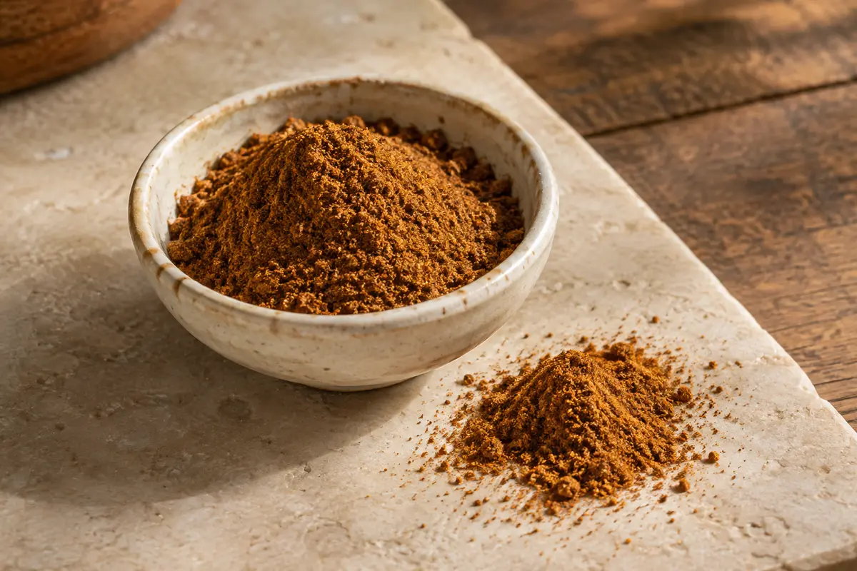 Ras el hanout en poudre dans une coupelle en céramique posée sur une pierre claire