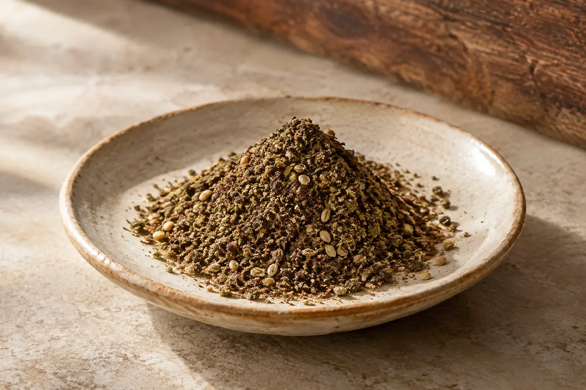 Mélange de za’atar en poudre présenté en petit monticule sur une céramique artisanale claire.
