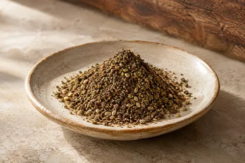 Mélange de za’atar en poudre présenté en petit monticule sur une céramique artisanale claire.