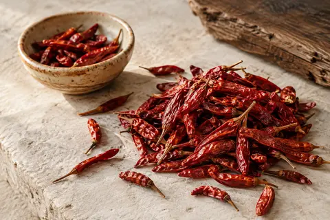 Piments oiseaux entiers séchés, rouges et fins, disposés sur une pierre claire près d’une coupelle en céramique