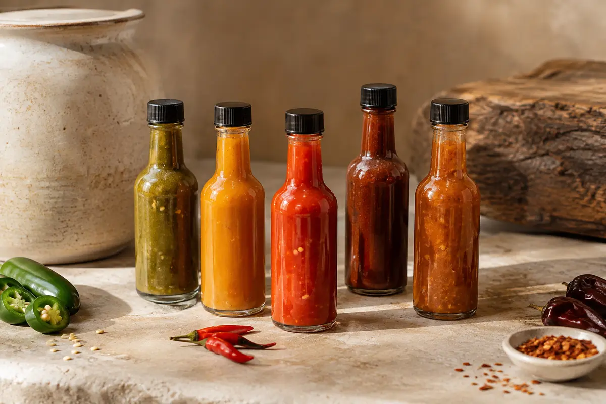 Cinq bouteilles en verre de sauces piquantes aux profils variés, disposées sur une pierre claire