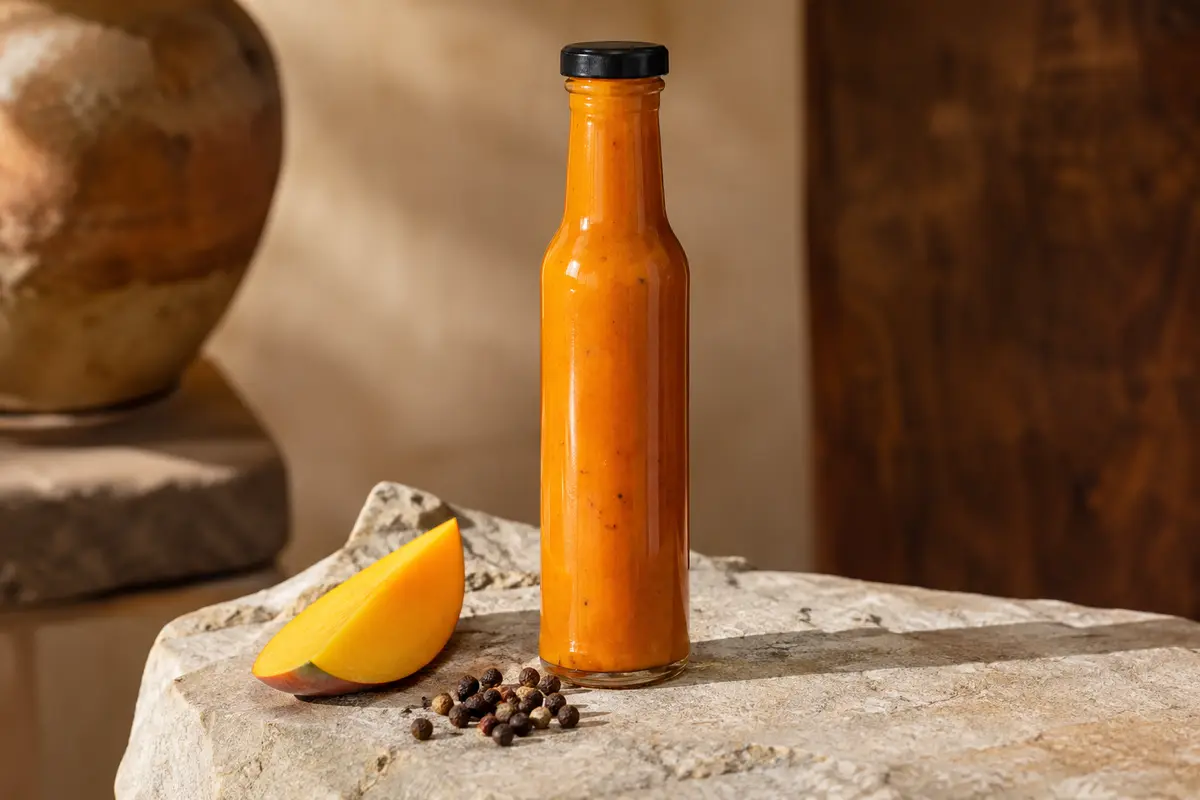 Flacon de sauce piquante Habanero orangée posé sur une pierre claire avec un morceau de mangue