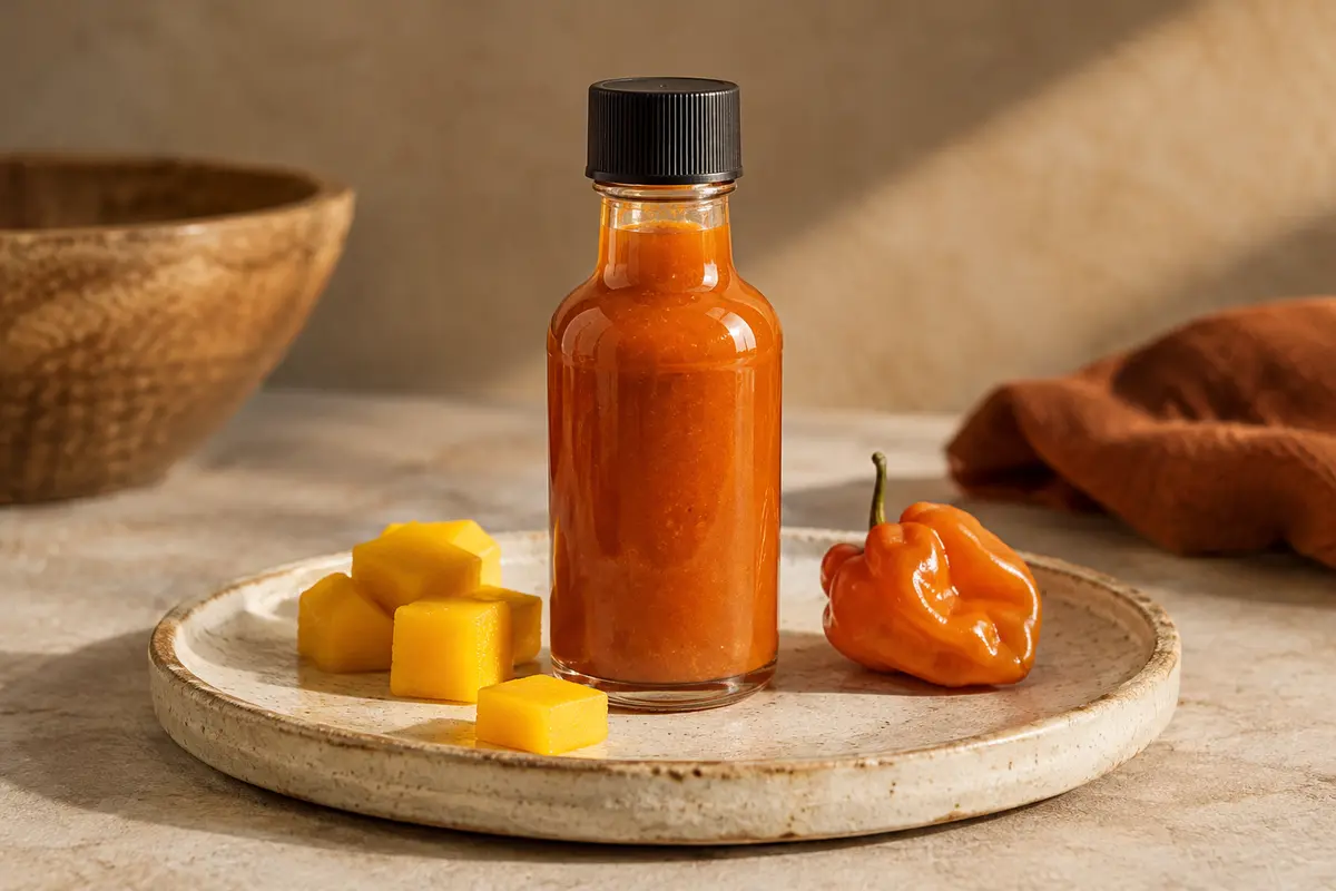 Flacon de sauce piquante rouge orangée posé sur une céramique claire avec mangue et habanero