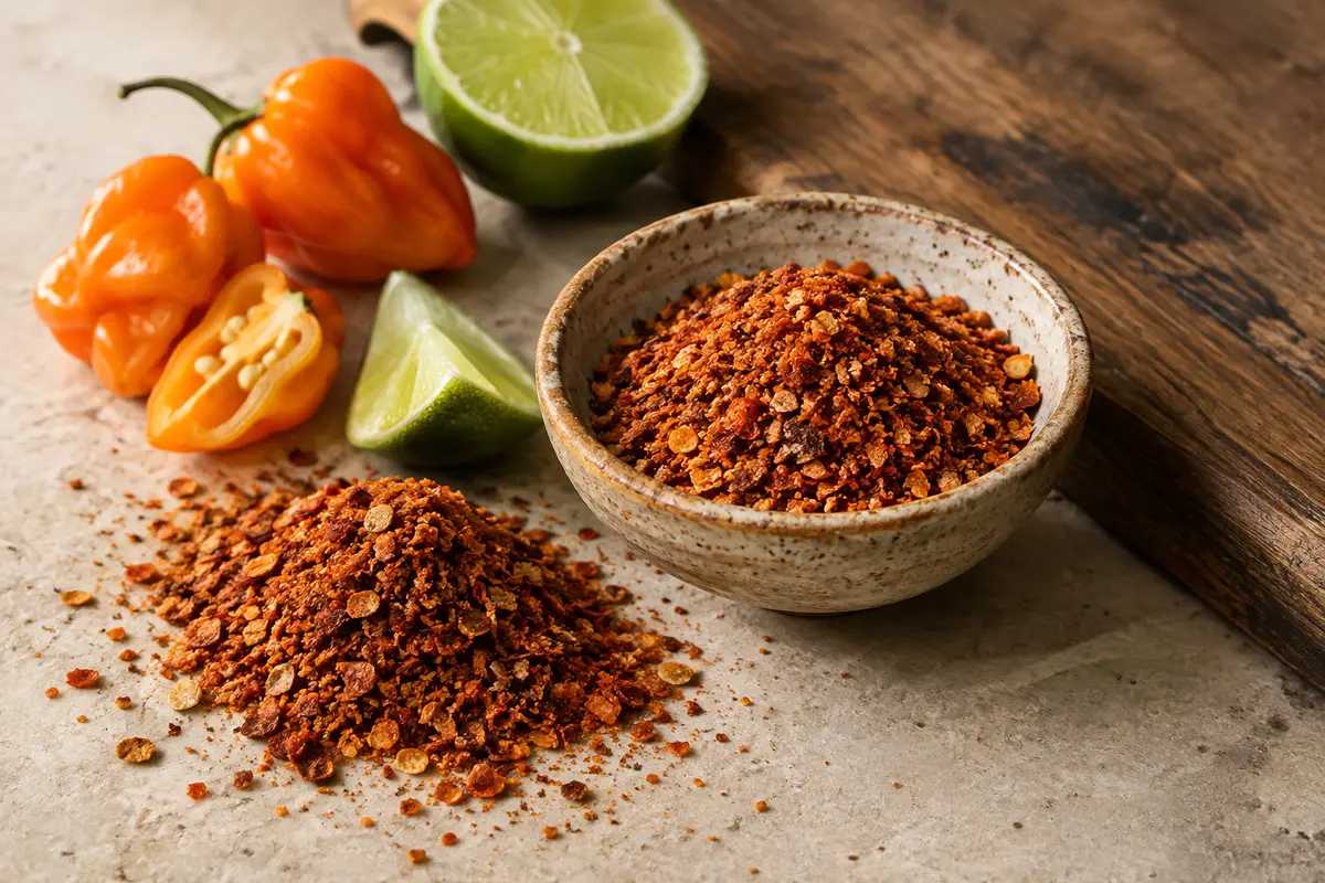Flocons d’assaisonnement habanero et citron vert dans une coupelle de céramique