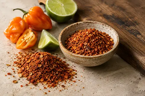 Flocons d’assaisonnement habanero et citron vert dans une coupelle de céramique