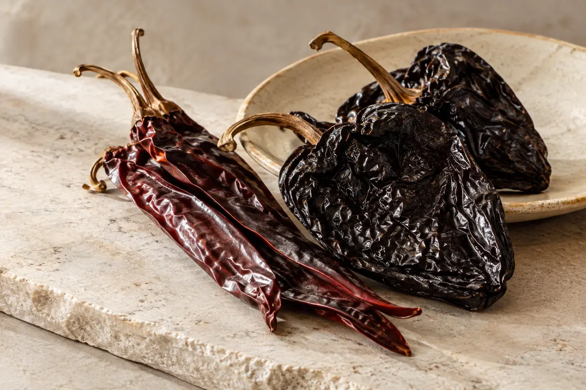 Piments séchés entiers Guajillo et Ancho réunis sur une céramique claire.