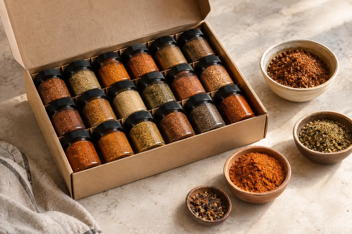 Coffret de rubs barbecue en poudre accompagné de coupelles de mélanges sur une pierre claire
