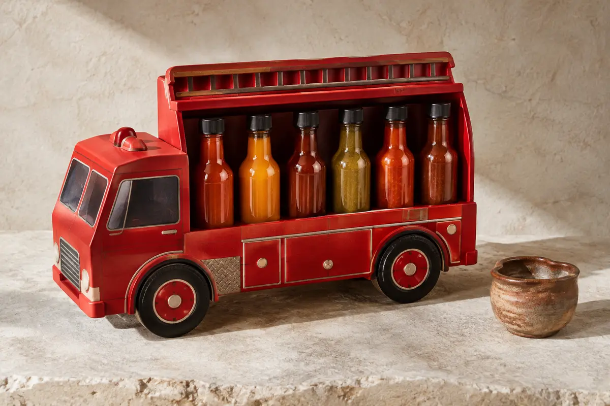 Coffret rouge en forme de camion de pompiers contenant six sauces piquantes, posé sur une pierre claire.