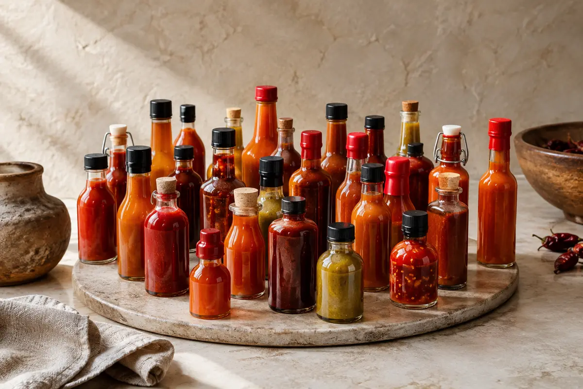 Assortiment de mini-bouteilles de sauces piquantes aux inspirations variées posé sur une pierre claire.