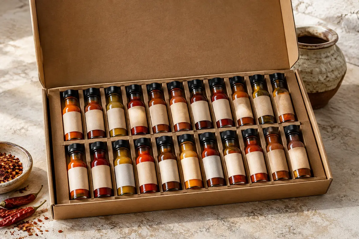 Coffret ouvert avec 24 mini-bouteilles de sauces piquantes variées, présenté sur une pierre claire.