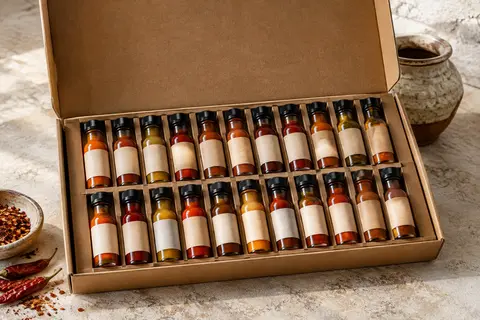 Coffret ouvert avec 24 mini-bouteilles de sauces piquantes variées, présenté sur une pierre claire.