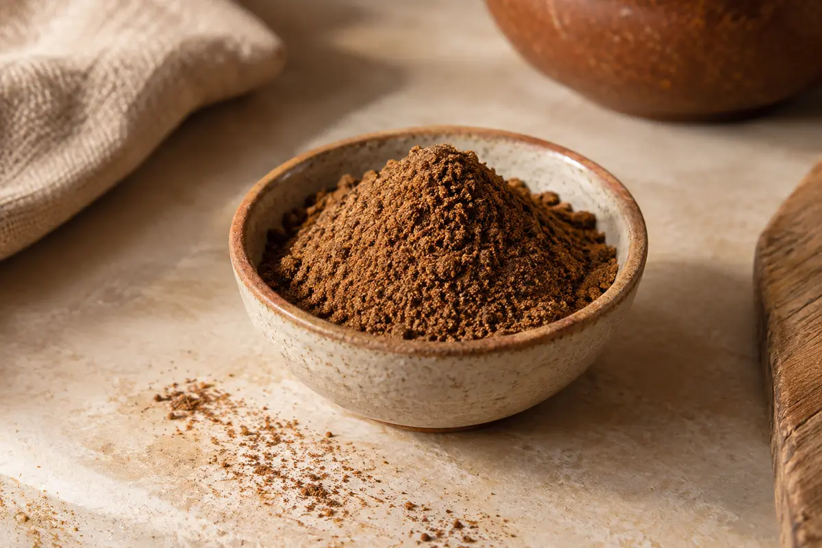 Garam masala en poudre dans une coupelle en céramique, posé sur une pierre claire.